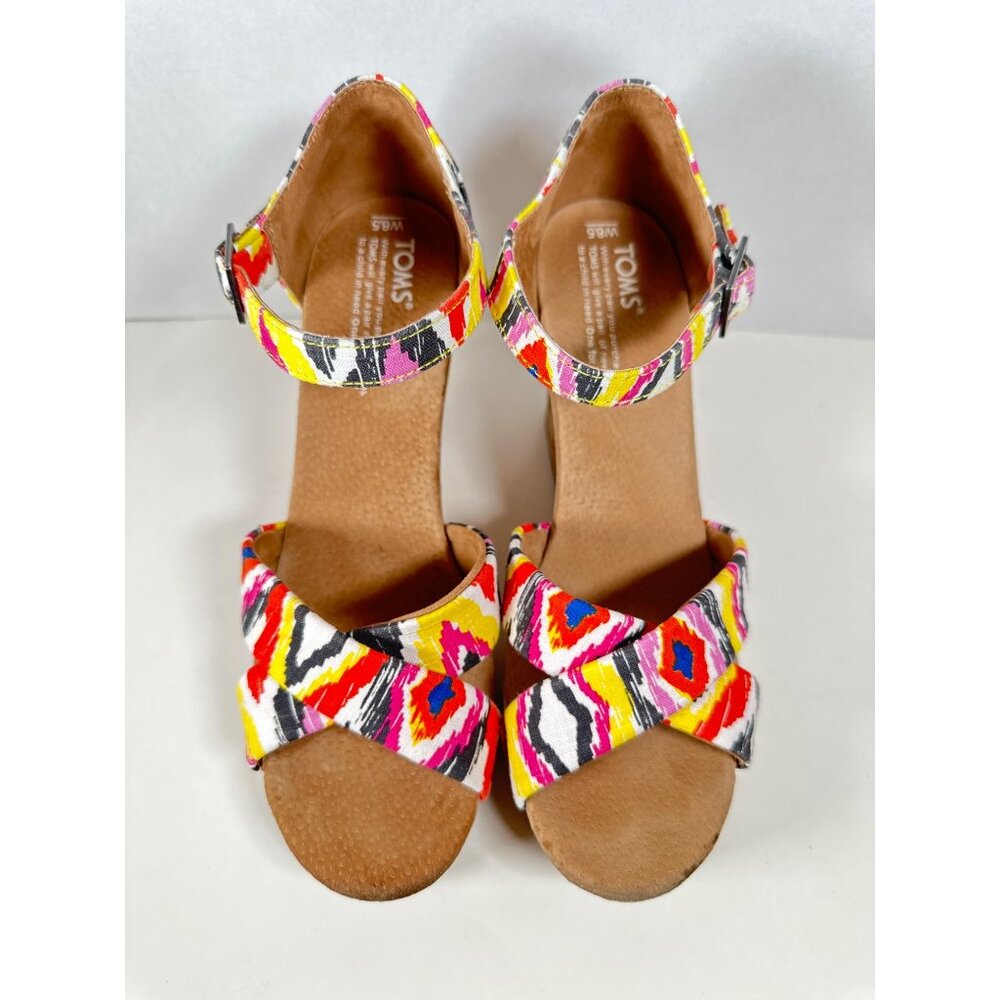 Tom's Sienna Print Ankle Strap Cork Wedges Women's Size 8.5 4"Heel